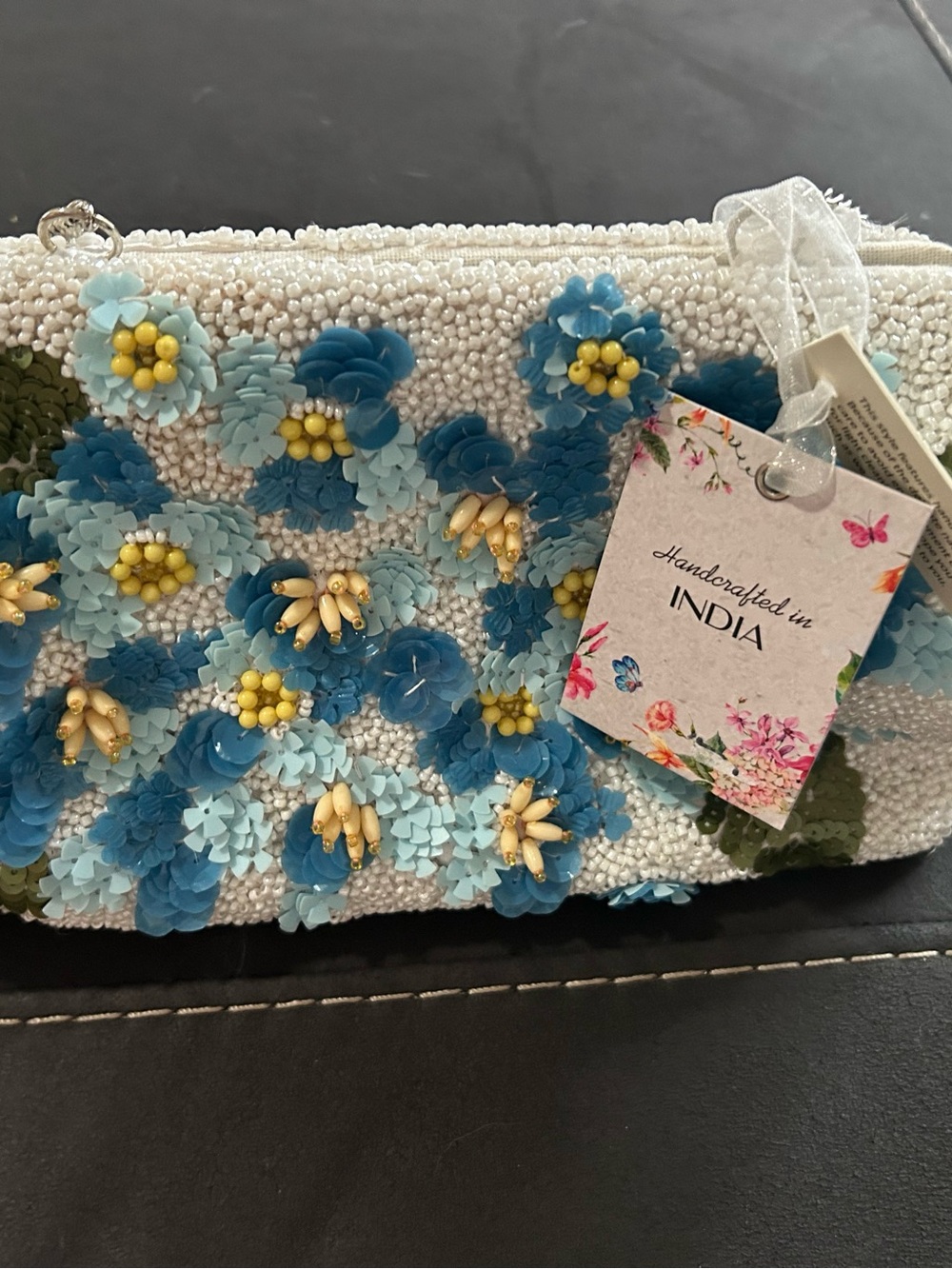 Beautiful HandCrafted in India White Beaded Floral Shoulder Bag w/Blue Accents
